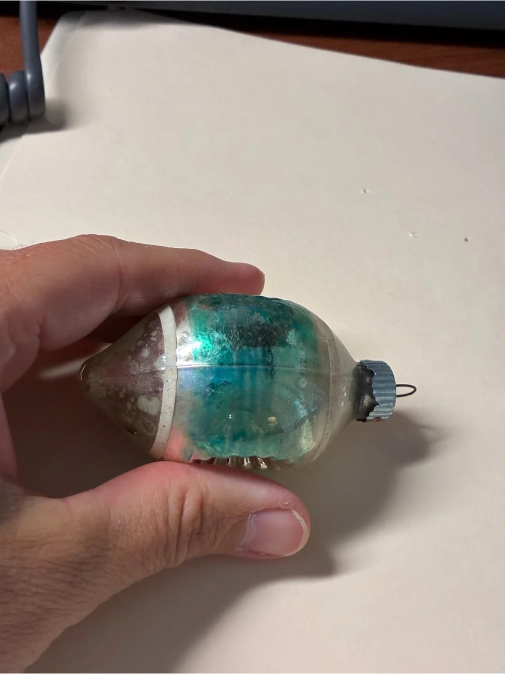 Shimmering Teardrop Glass Ornament in Aqua and Silver